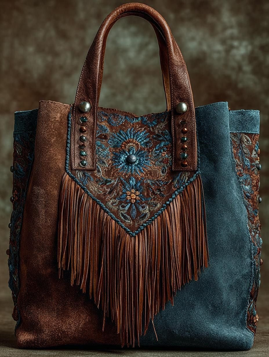 Embossed Leather Fringe Tote Bag