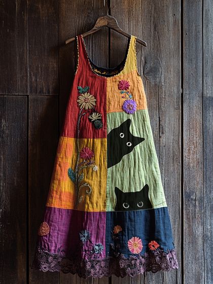 Patchwork Cat Print Summer Dress