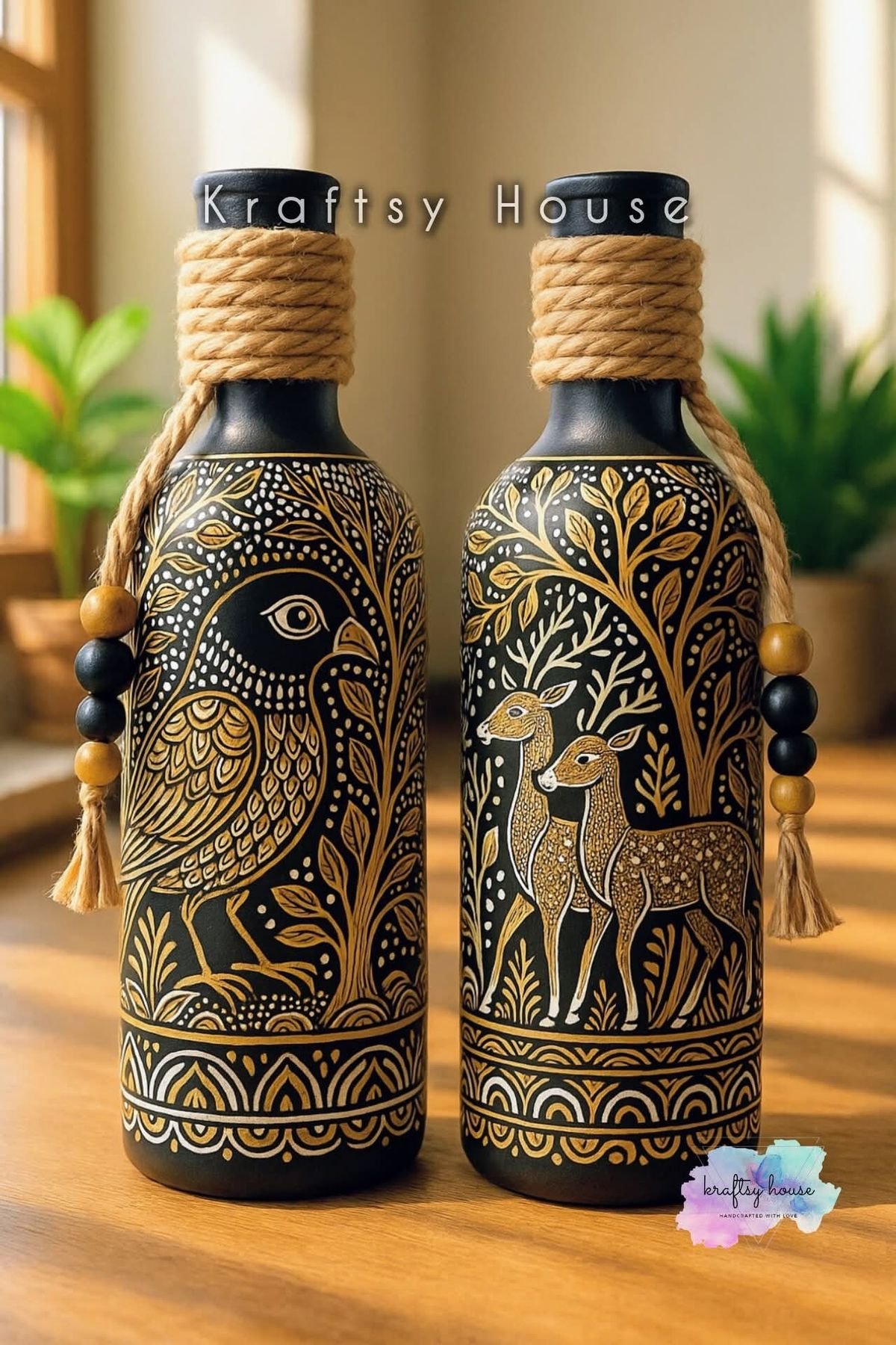 Hand Painted Peacock Bottle Art Set