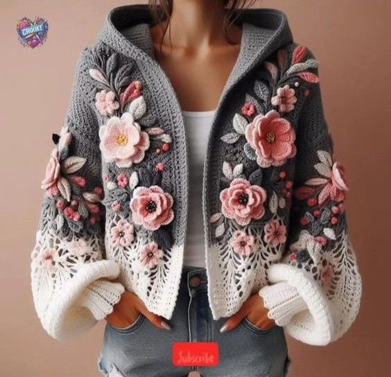 Grey Floral Embroidered Knit Shrug