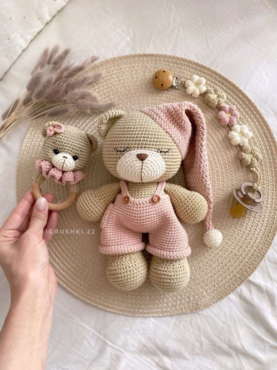 Crochet Bear with Bunny Rattle Set
