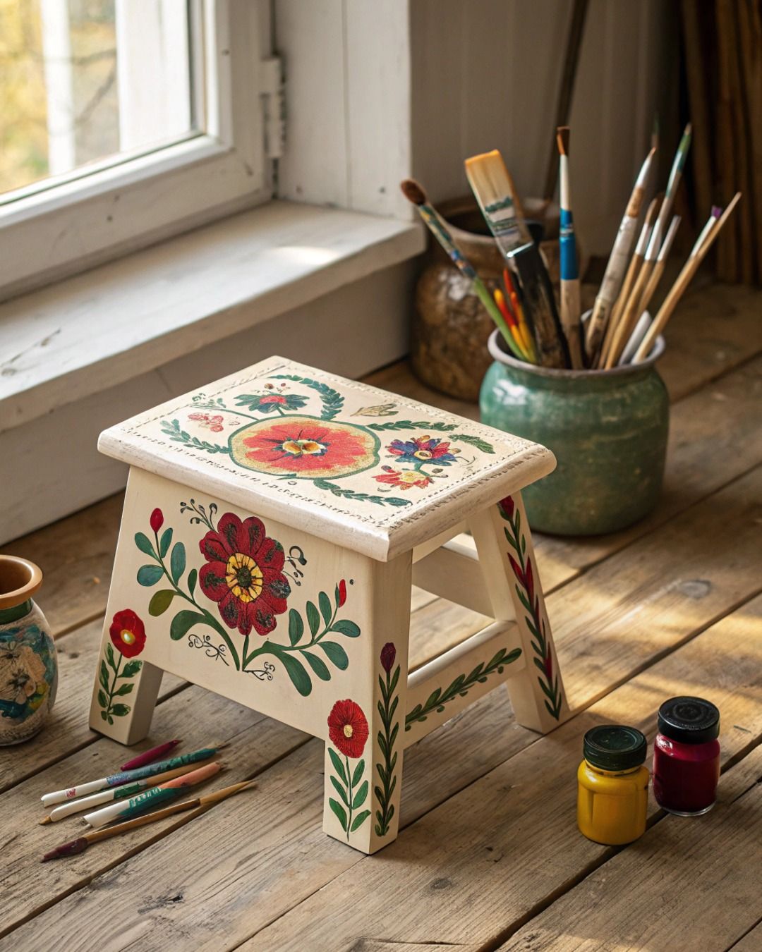 Folk Art Painted Wooden Step Stool