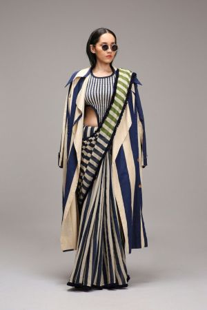 Navy & Beige Striped Saree with Cape Jacket