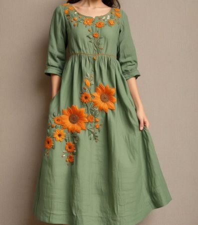 Hand Embroidered Sage Green Sunflower Maxi Dress