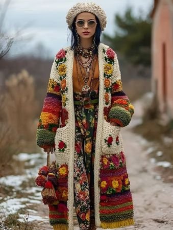 Colorful Cottage Knit Long Cardigan